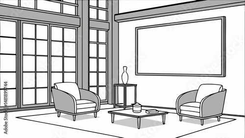 Vector SVG modern living room with large windows, two armchairs, coffee table, and blank wall for decoration. space feels inviting