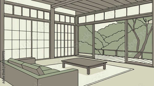 Vector SVG modern living room with floor to ceiling windows, showcasing serene view of nature, creates peaceful atmosphere