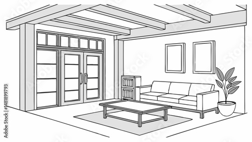 Vector SVG spacious, modern living room featuring large white sofa, wooden coffee table, and large windows that invite natural light