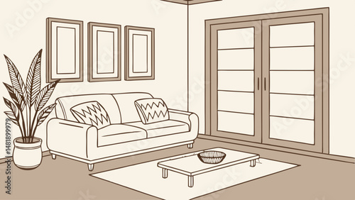 Vector SVG cozy boho living room interior featuring comfortable sofa, decorative pillows, and stylish coffee table. space is enhanced by