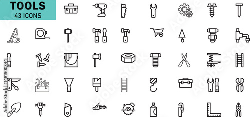 Tool Icons Set. Vector Line Style Construction and Repair Equipment Pack