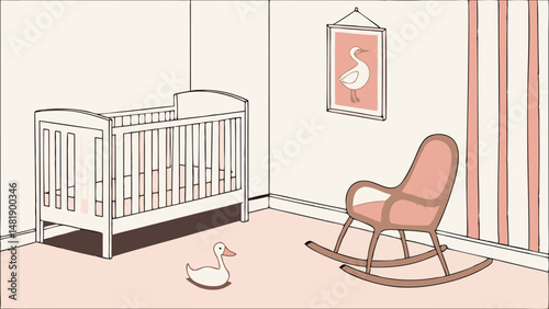 Vector SVG cozy nursery featuring crib, rocking chair, and cute duck decoration, creating warm atmosphere for baby