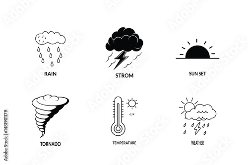 Weather Vector Icon Set for Forecast and Climate Design Projects rain, strom, sunset, tornado, temperature and weather.