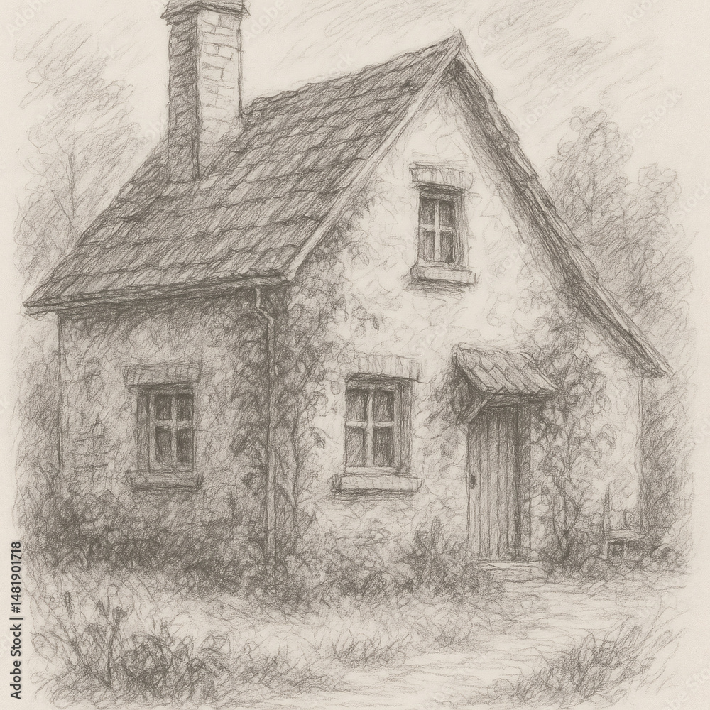 Obraz premium Monochrome pencil sketch of rustic house