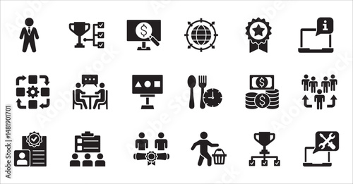 Business company, management flat icon set. Contains symbol of businessman, target, finance, lunchtime, success, hierarchy, data, work, money, employee, task, shop, meeting, job. Vector illustration