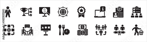 Business management flat icon set. Contains symbol of businessman, target, finance, lunchtime, success, hierarchy, data, reward, work, money, employee, task, shop, meeting, job. Vector illustration