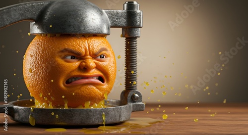 Orange Getting Squeezed with Angry Face in Juicer