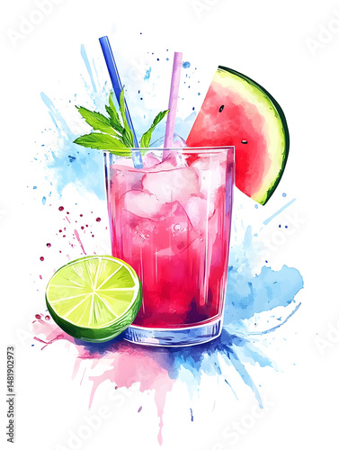 Watercolor style watermelon summer drink with lime