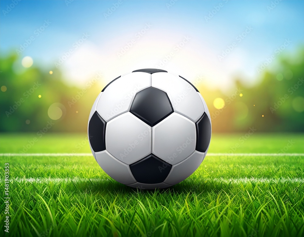 Fototapeta premium A white and black soccer ball rests on the green grass field, ready for a fun sports game under the sky