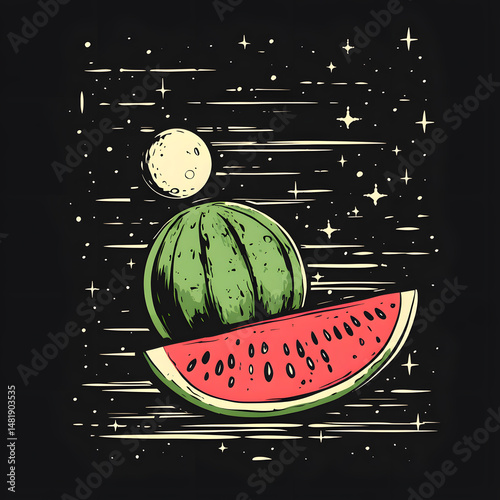 Watermelon in outer space vintage illustration