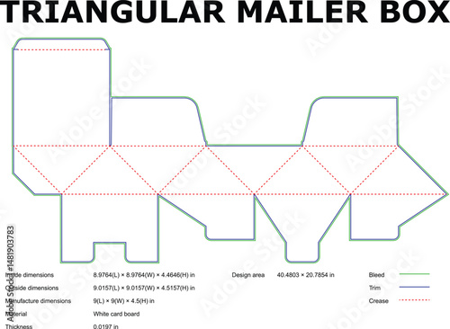 Detailed vector diagram of a triangular mailer box template with dimensions and cut lines