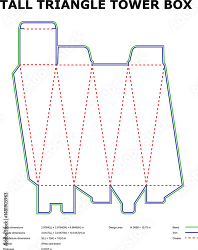 Vector diagram of a tall triangular tower box packaging with dotted crease lines