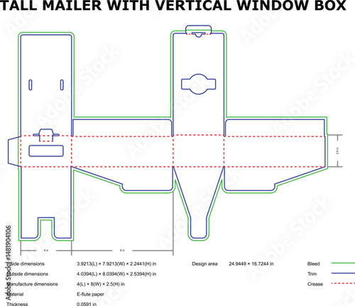 Detailed schematic illustration of a mailer box design template with dimensions and window features