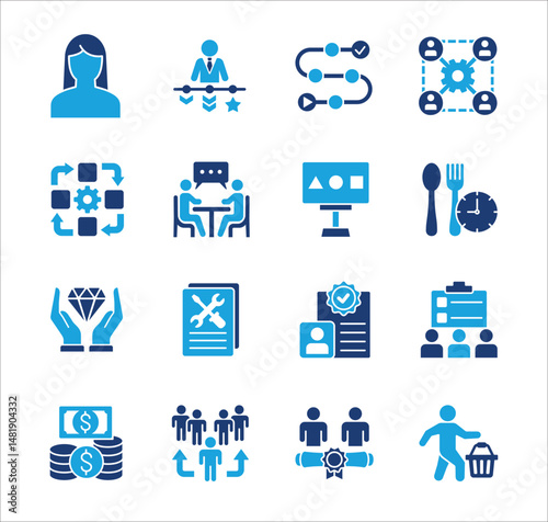 Management business icon set. Contains symbol of strategy, businessman, target, finance, lunchtime, success, hierarchy, data, reward, work, money, employee, shop, meeting, job. Vector illustration