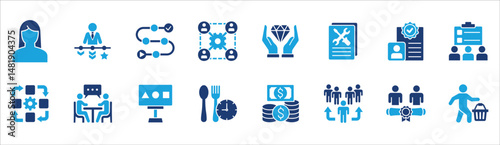 Business company management icon set. Contains symbol of businessman, target, finance, lunchtime, success, hierarchy, data, reward, work, money, employee, task, shop, meeting, job. Vector illustration