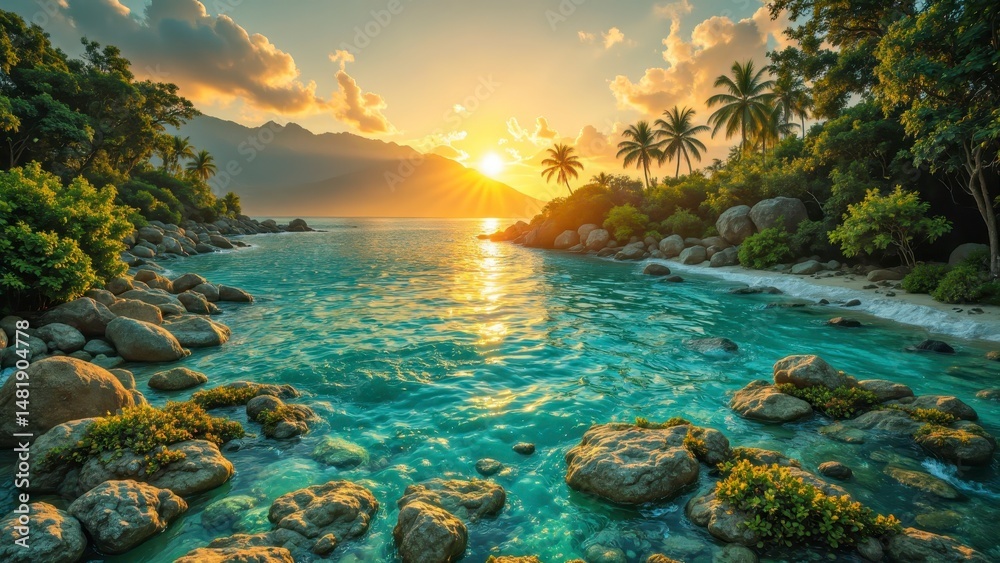 Fototapeta premium Breathtaking sunset over tropical lagoon scenic beach nature photography calm waters serene environment