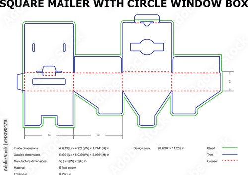 Detailed blueprint of a square mailer box with circle window and dimensions