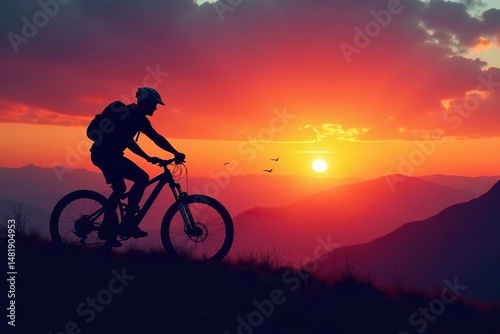 Wallpaper Mural Silhouette of a mountain bike against a vibrant sunset, overlooking a mountain range , sunset, dusk, bicycle Torontodigital.ca