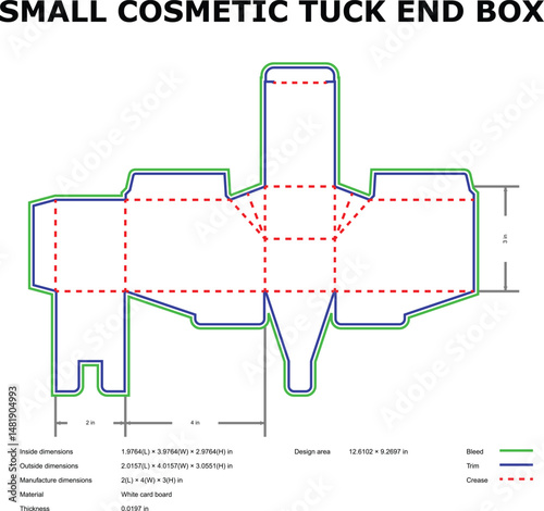 Detailed blueprint of a small cosmetic tuck end box packaging design for production