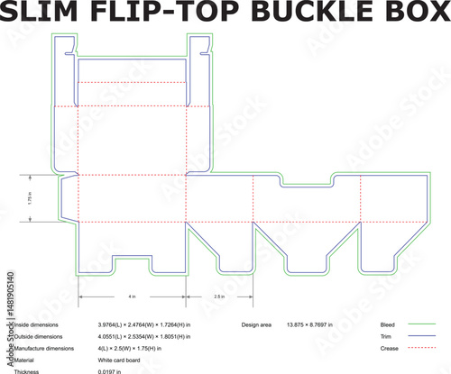 Detailed technical diagram of a slim flip top buckle box packaging design