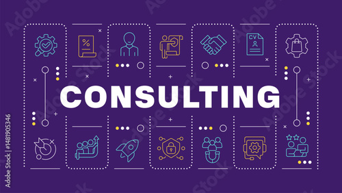 Consulting purple word concept. Human resources, hr. Efficiency increase. Business goal. Horizontal vector image. Headline text surrounded by editable outline icons. Hubot Sans font used