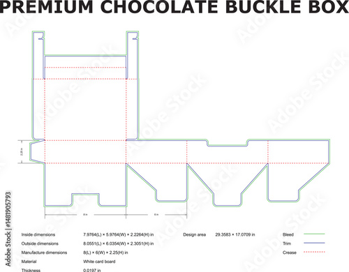 Detailed diagram of a premium chocolate buckle box packaging with dimensions and specifications.