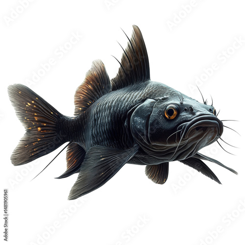 Dark obsidian fish fins shimmering golden highlights detailed scales on transparent background photo