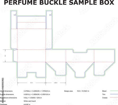 Perfume buckle sample box template with dimensions and bleed trim crease lines
