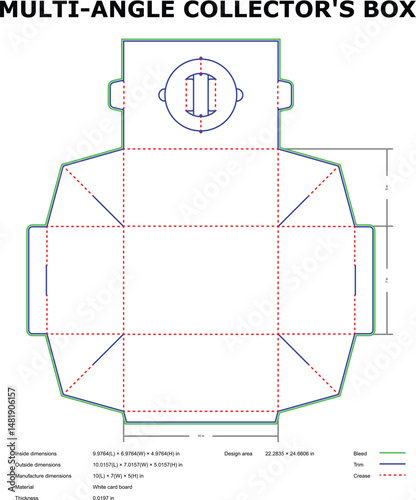 Detailed technical diagram of a multi angle collector box design layout with dimensions