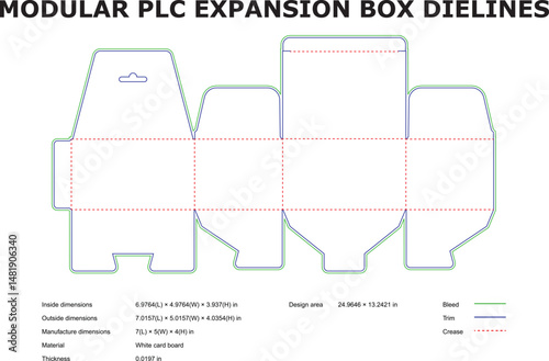 Detailed vector illustration of modular plc expansion box die lines with dimensions provided
