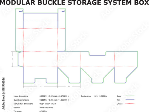 Detailed technical vector illustration of a foldable modular buckle storage system box