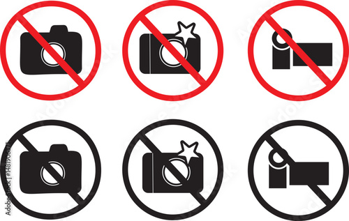 No photography allowed. prohibition sign in red color, No cameras allowed signs. Camera Prohibited Zone Vector symbol,
