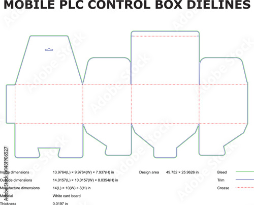 Detailed die cut template for a mobile plc control box with dimensions and measurements