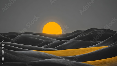 Monochrome rolling hills glow with a golden sunset illuminating the landscape in shades of yellow and grey