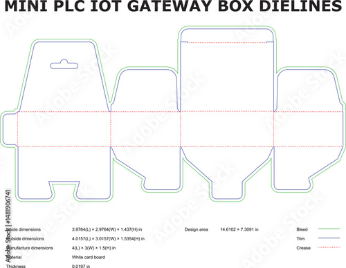 Mini plc iot gateway box die lines vector template design with precise dimensions