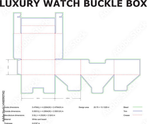 Detailed diagram of a luxury watch buckle box die cut with dimensions and specifications