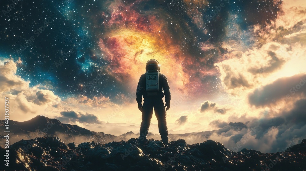 Astronaut gazing at nebula space landscape Astronaut gazing at nebula space landscape