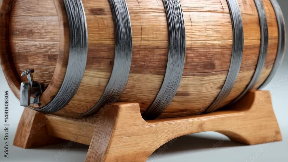 Studio shot of a polished oak barrel with metal hoops, resting on a small wooden stand, featuring a metallic spout, set against a plain light gray background.