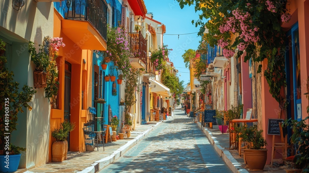 Fototapeta premium Charming colorful street with vibrant facades and flowers on a sunny day