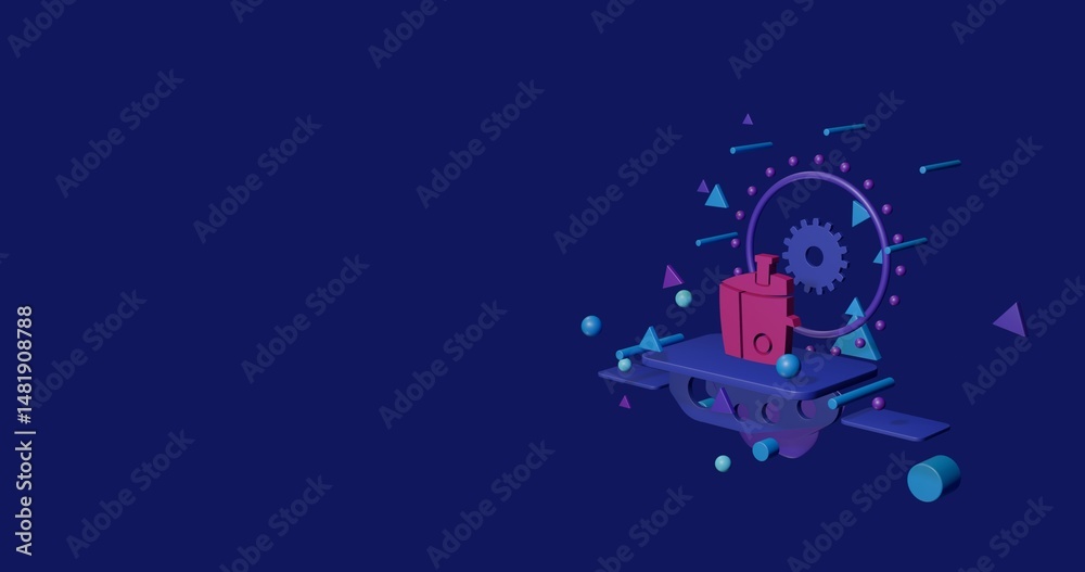 Obraz premium Pink juicer symbol on a pedestal of abstract geometric shapes floating in the air. Abstract concept art with flying shapes on the right. 3d illustration on indigo background