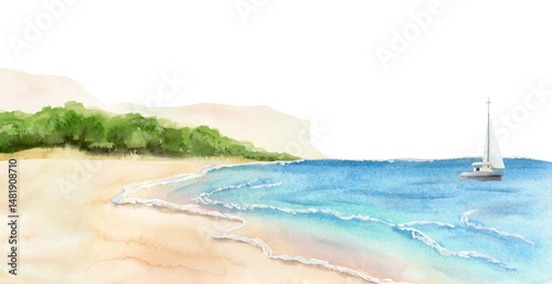 Watercolor seascape with sailboat near ocean coast and picturesque beach with tropical nature. Summer vacation and travel clip art for tourism designs and spa resort illustrations