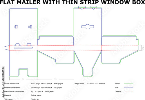 Flat mailer packaging template vector diagram with dimensions and specifications