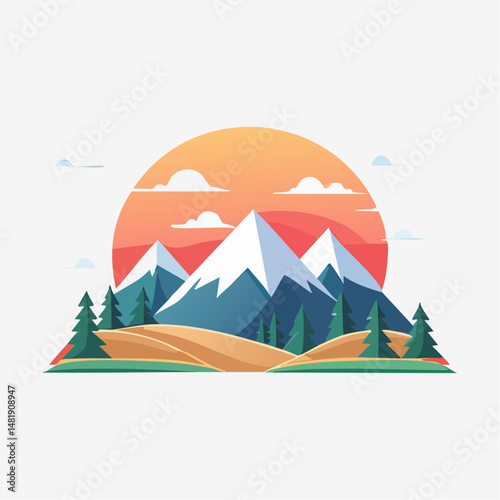 Vector nature illustration of a mountain landscape with a snowy peak under a blue sky