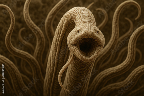 Close-up view of parasitic worm in detailed composition. concept of parasite study, microscopic examination, intricate nature