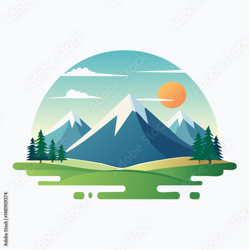 Summer nature illustration of a green mountain landscape with trees under a blue sky with clouds