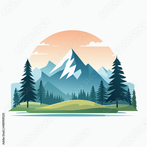 A serene winter landscape vector illustration features snow-capped mountains, pine trees in a cold blue scene, and a hint of Christmas magic