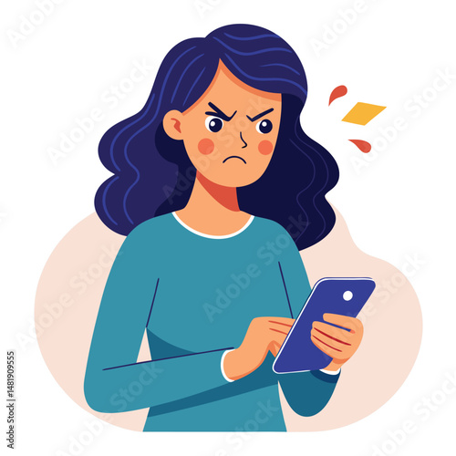 Angry woman online, texting hate comment on mobile phone. Aggressive person with smartphone, chatting in social media, internet conflict. Flat vector illustration isolated on white background 