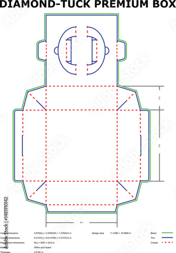 Detailed diamond tuck premium box packaging template with dimensions and design area
