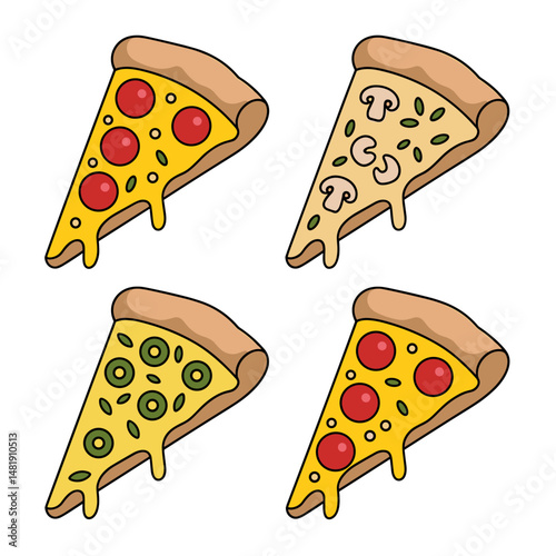 Set of Vector Pizza Slices with Different Toppings