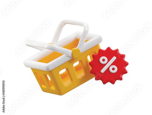 Shopping basket with discount sale tag icon 3d render concept of online shopping and digital marketing icon vector illustration